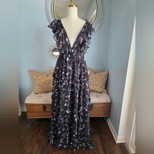 Mac Duggal Ieena Floral Ruffle V-Neck Gown